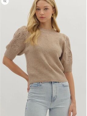 Entro Taupe Short Sleeve Puff-Sleeve Crew embroidered Sweater